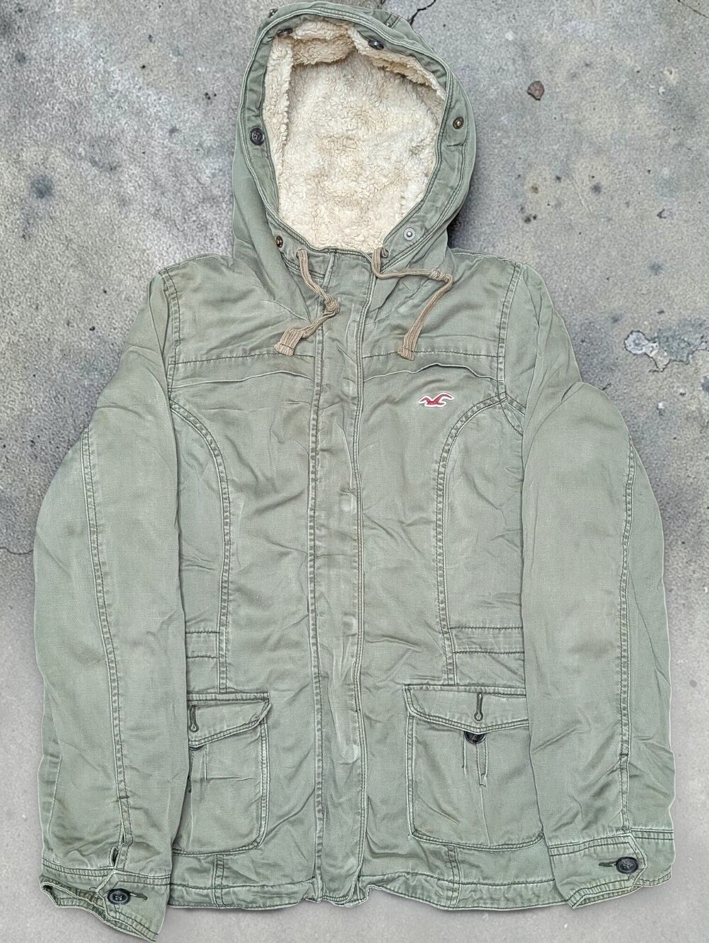 Womens Y2K Hollister Utility Jacket Size Large Cozy Sherpa Lining Hooded Green
